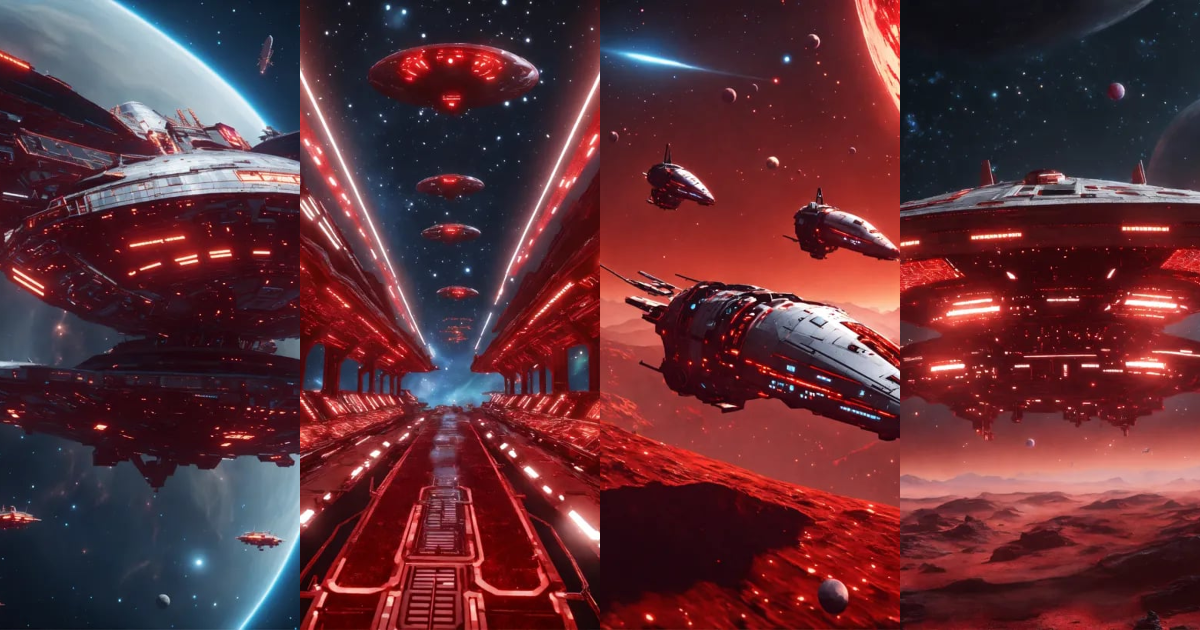 Lexica - Zoom out on fleet of long insect like alien space ships with ...