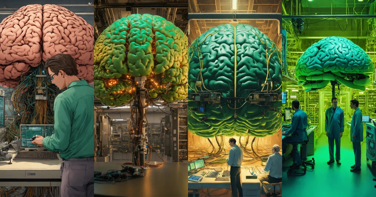 Lexica - In the center of the room, a colossal human brain is ...