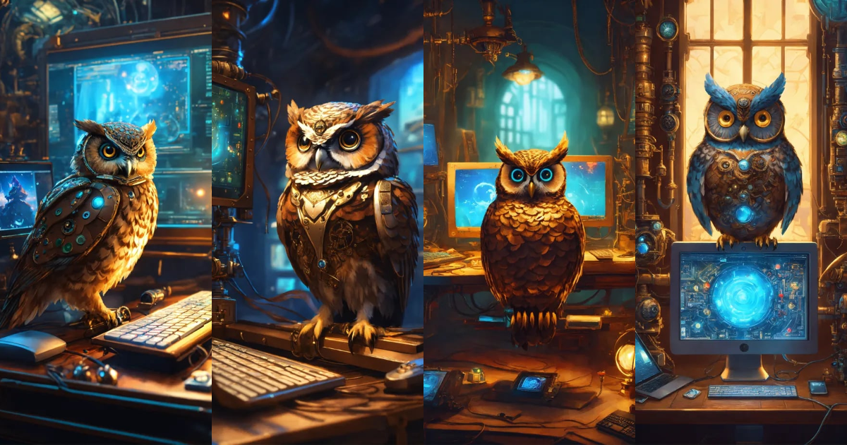 Lexica - Tiny good,owl looking at a computer, surrounded by computer ...
