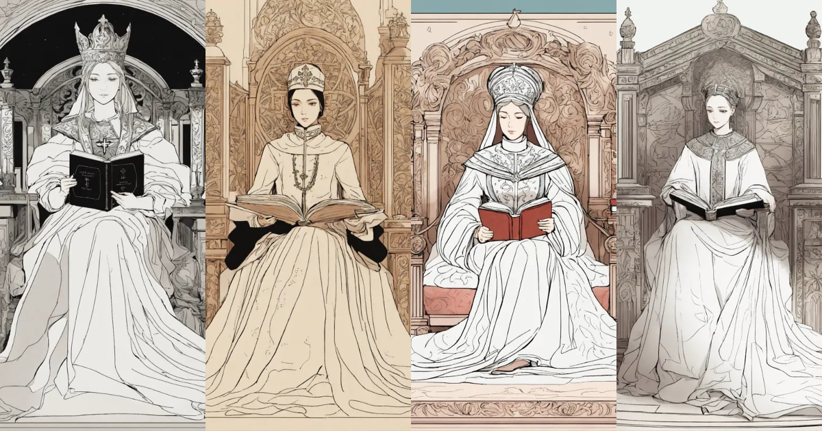 Lexica - Line design, a popess on her throne with a book in hand
