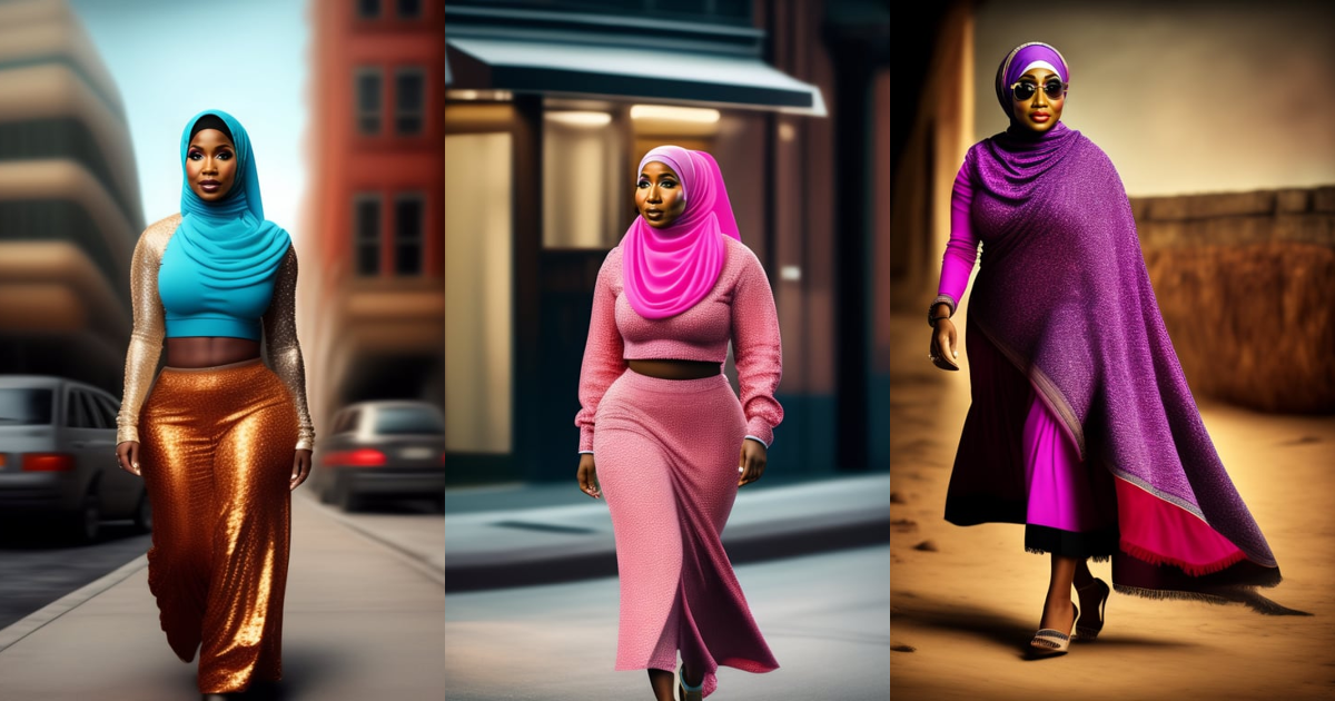 A still nicki minaj realistic render full body, she is walking away,  wearing hijab - Lexica