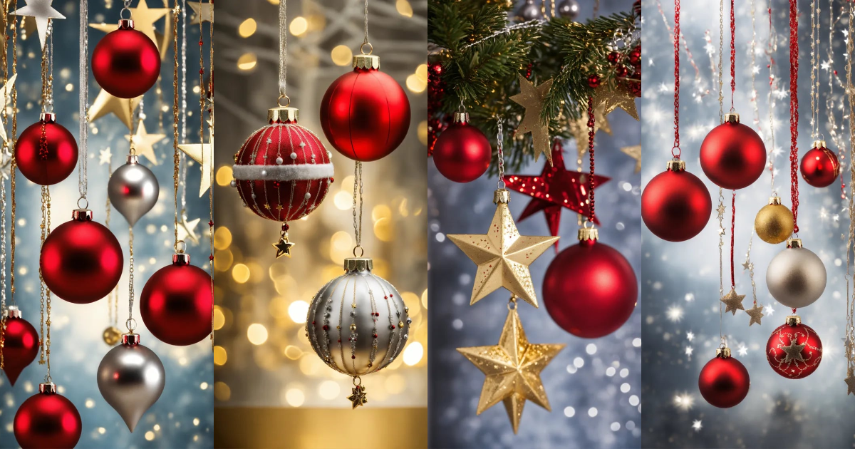 Lexica - Red and silver christmas ornaments hanging on silver and gold ...