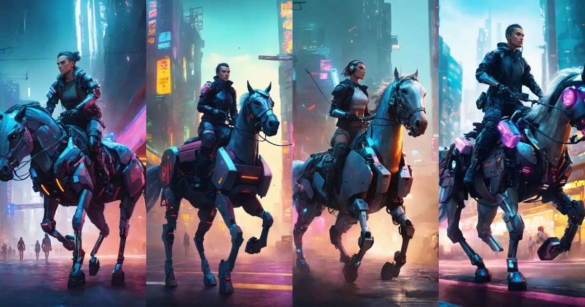 Lexica - An athlete cyborg riding a bionic horse in a cyberpunk city ...