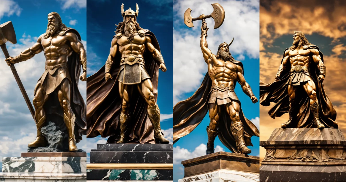 Lexica - Aged bronze sculpture full body of Thor on top of a marble ...