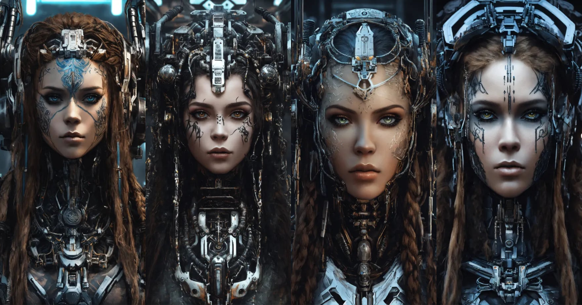Lexica - Symmetry portrait cyborg with long hair, digital black metal ...