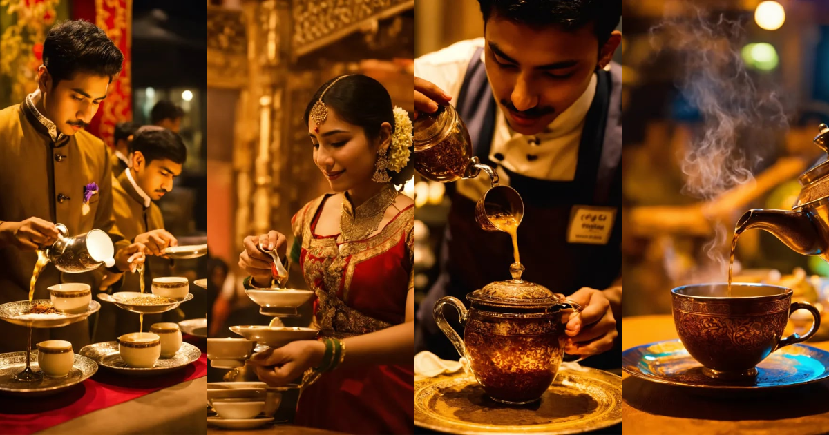 Lexica - Skilled servers pour Chai tea from one cup to another cup in a ...