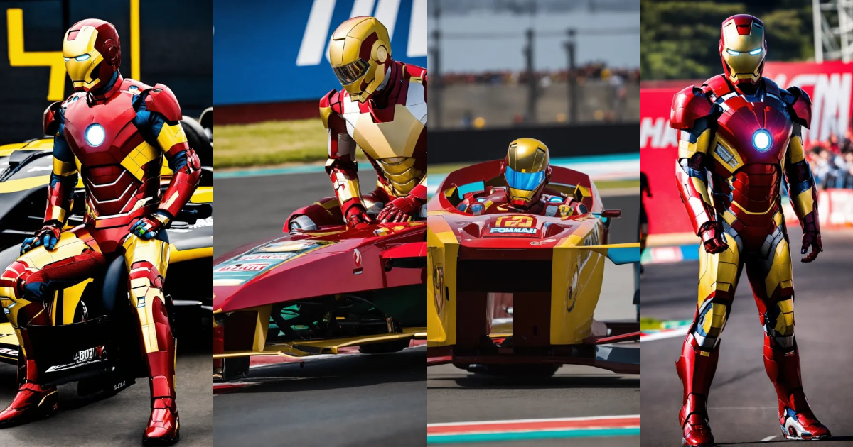 Lexica - Iron man, em pé, próximo ao carro de fórmula 1, em uma pista ...