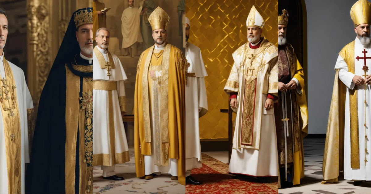 Lexica - A king clothed in white and gold, standing next to a priest ...