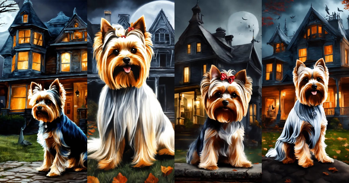Lexica - Realistic beautiful ghost yorkie in front of a haunted house ...