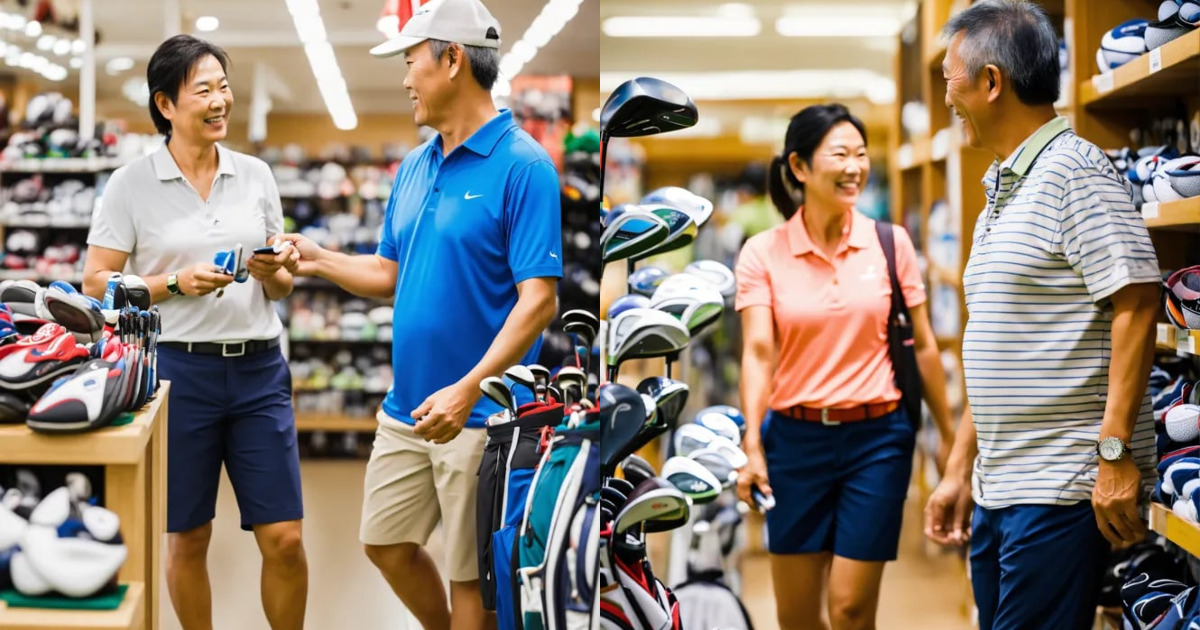 Lexica Happy asian middleaged couple shopping for golf accessories