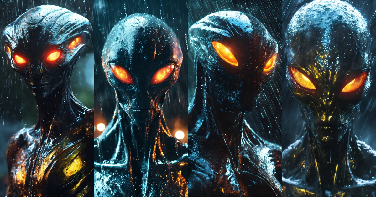 Lexica - An menacing alien with glowing eyes, in the pouring rain, in ...