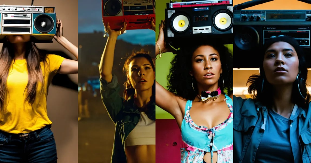 Lexica A woman holding a boombox above her head with a look of