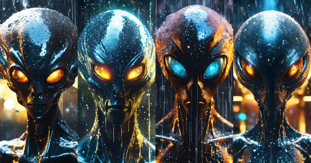 Lexica - An sterotypical alien with glowing eyes, in the pouring rain ...