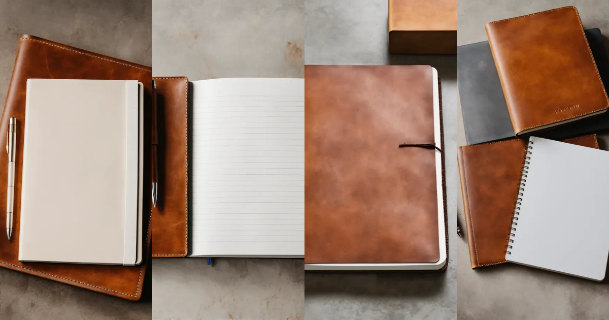 Lexica - Leather notebook with pen lying on a white table, top view ...