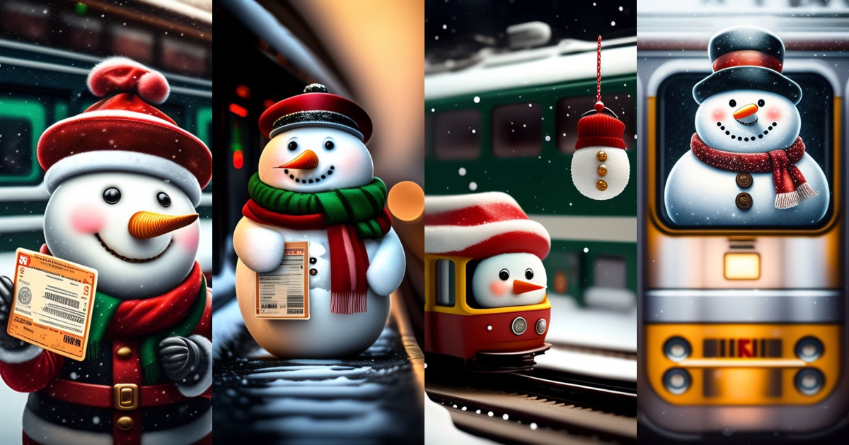 Lexica - A Christmas snowman holds a train ticket