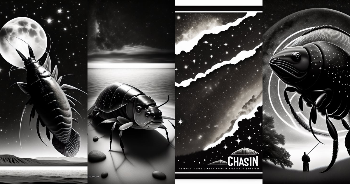 Lexica - Crawfish looks at the stars, black and white,logo
